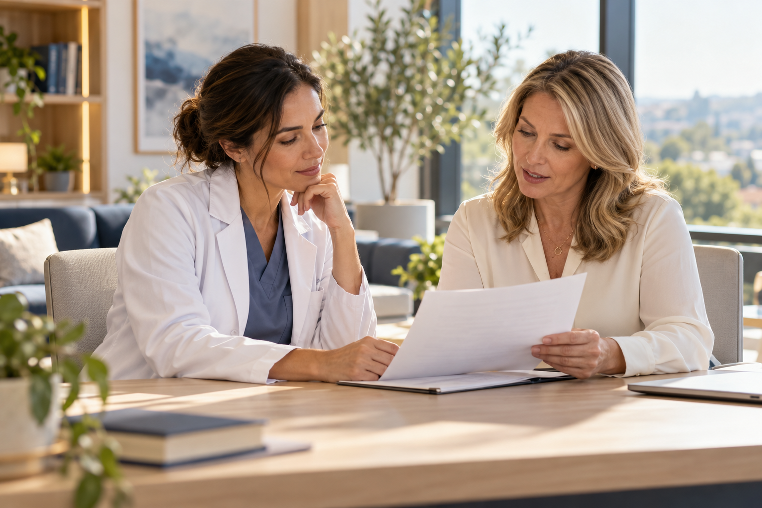 Illustrative image of a clinician and onboarding coordinator reviewing documents